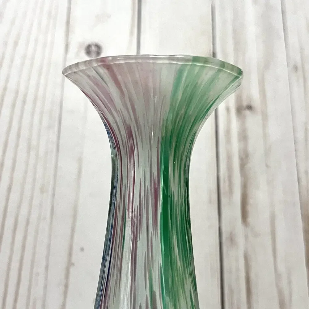Lavorazione Murano Glass Bud Vase Fluted Twisted-Stem Blue Green Pink Speckled